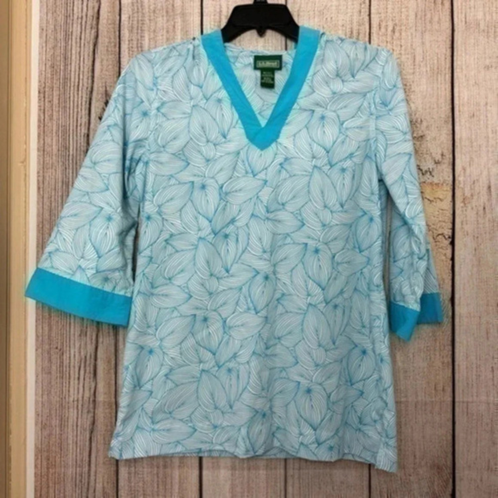 LL Bean Popover Hoodie Tunic Top Blue White Leaf Cover Up Casual Womens medium